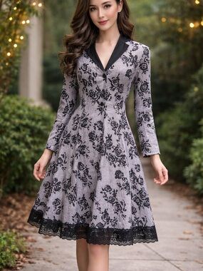 Grey Floral-Print Blazer Dress with Black Lace Trim